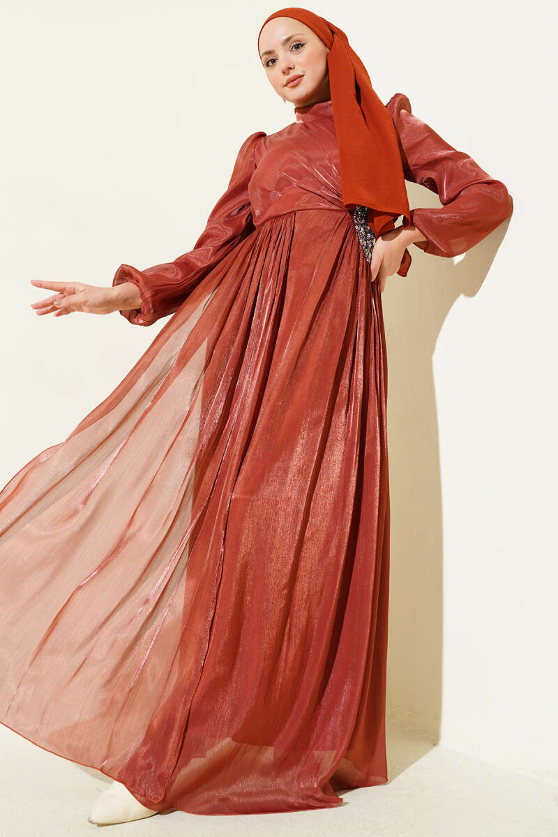 Ruched Evening Dress with Side Stones - Brick