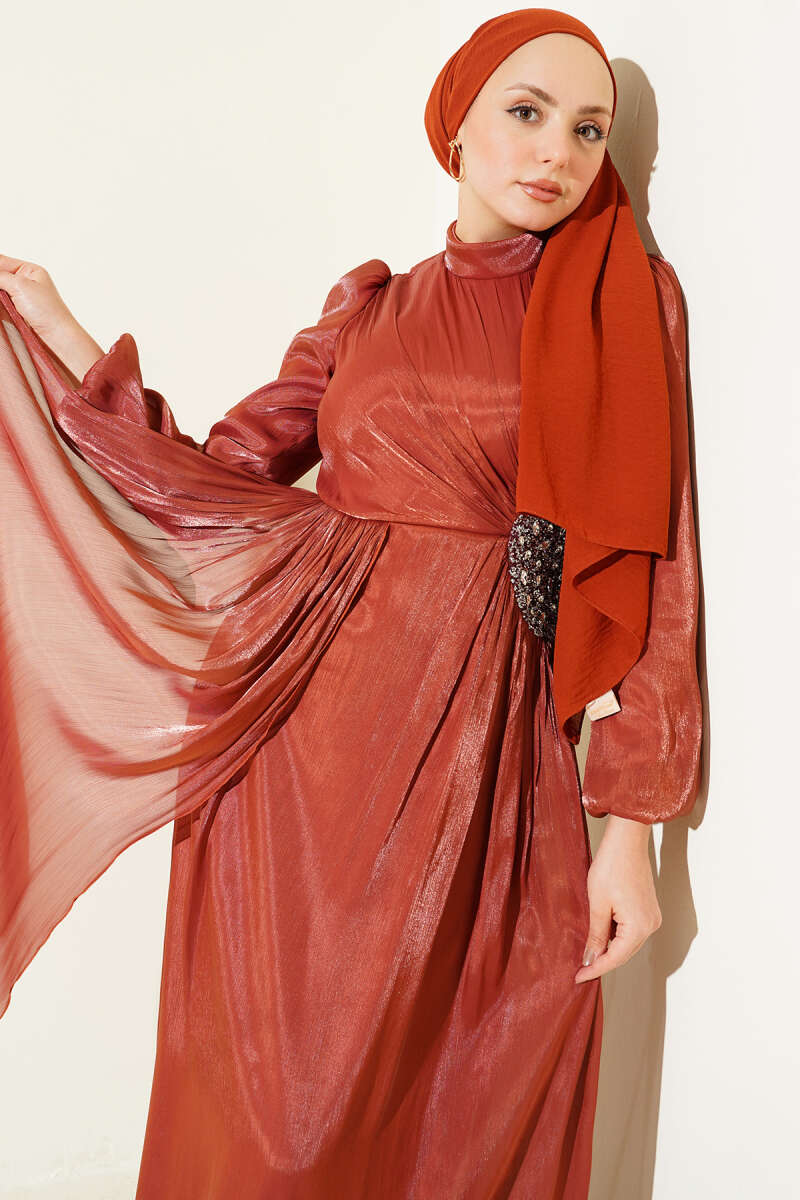 Ruched Evening Dress with Side Stones - Brick