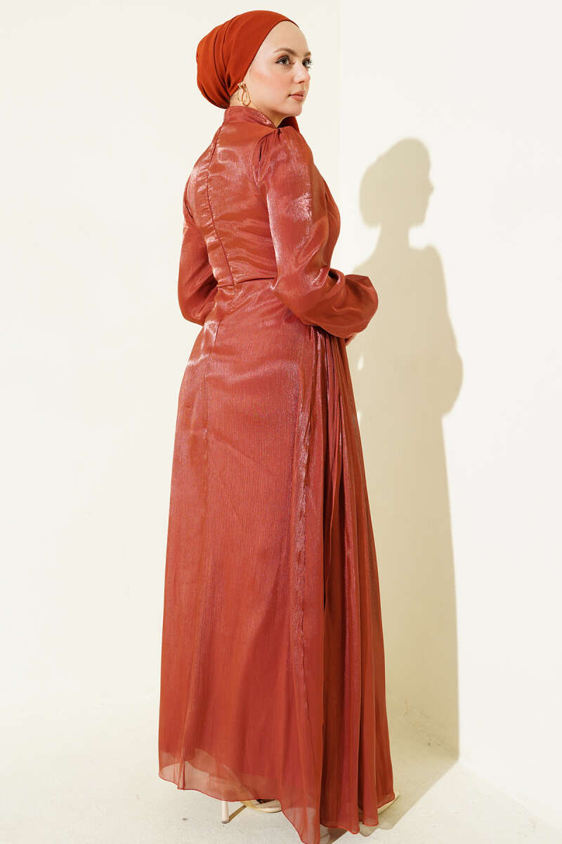 Ruched Evening Dress with Side Stones - Brick