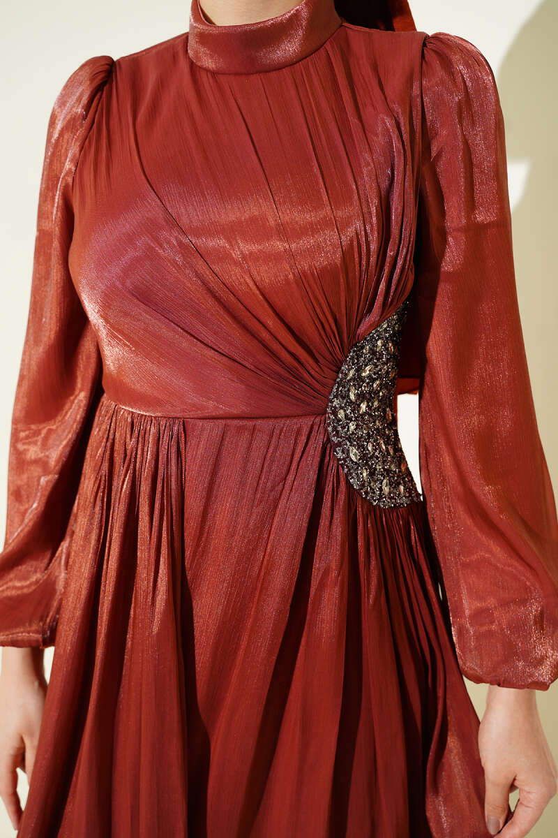 Ruched Evening Dress with Side Stones - Brick
