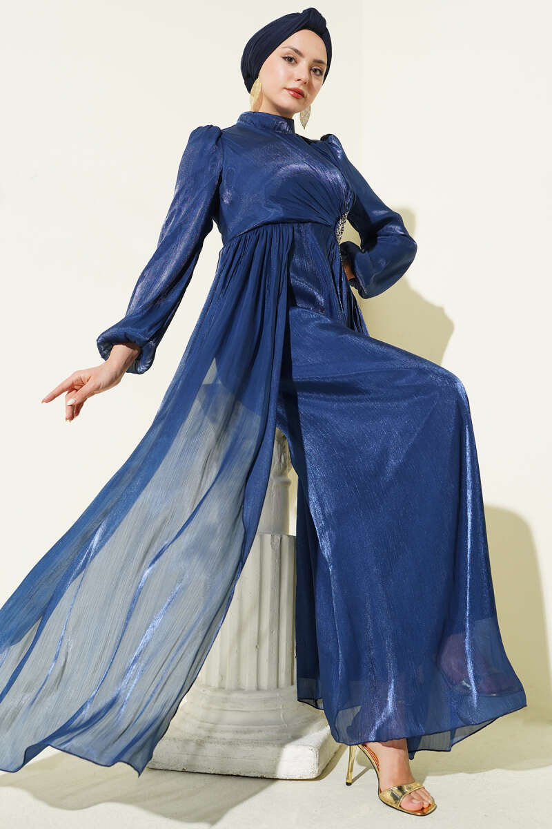 Ruched Evening Dress with Side Stones - Navy