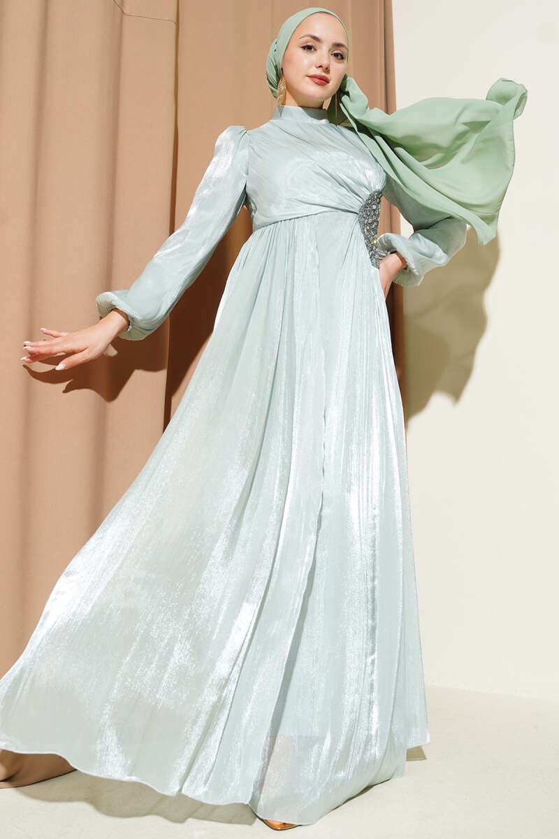 Ruched Evening Dress with Side Stones - Mint