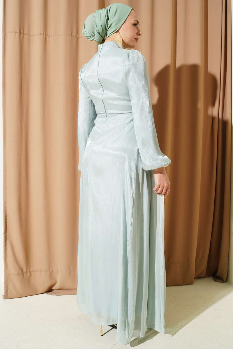 Ruched Evening Dress with Side Stones - Mint