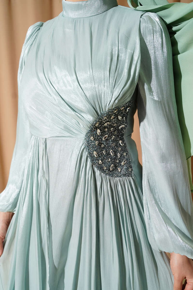 Ruched Evening Dress with Side Stones - Mint