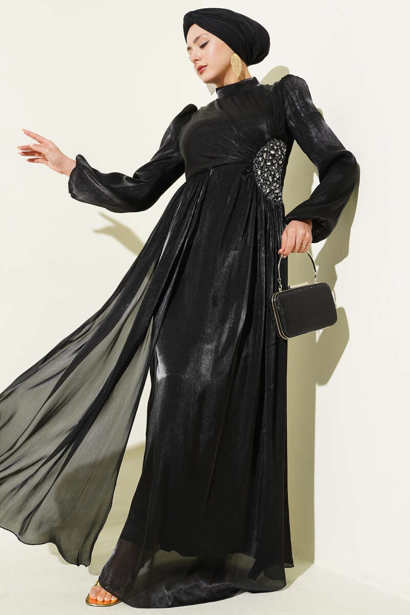 Ruched Evening Dress with Side Stones - Black