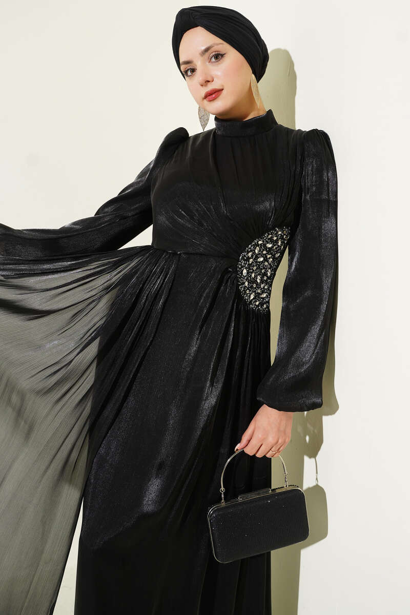 Ruched Evening Dress with Side Stones - Black