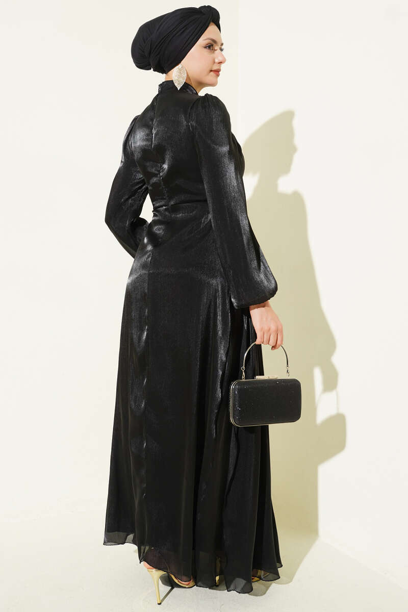 Ruched Evening Dress with Side Stones - Black