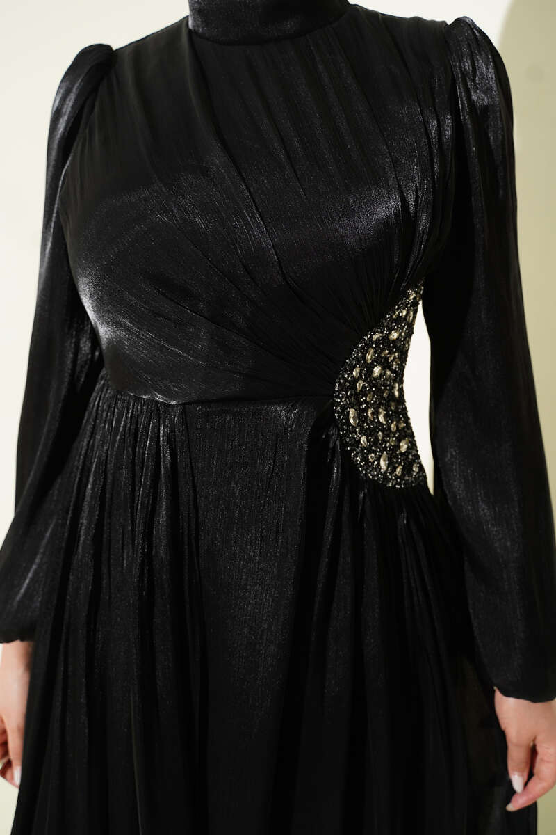 Ruched Evening Dress with Side Stones - Black