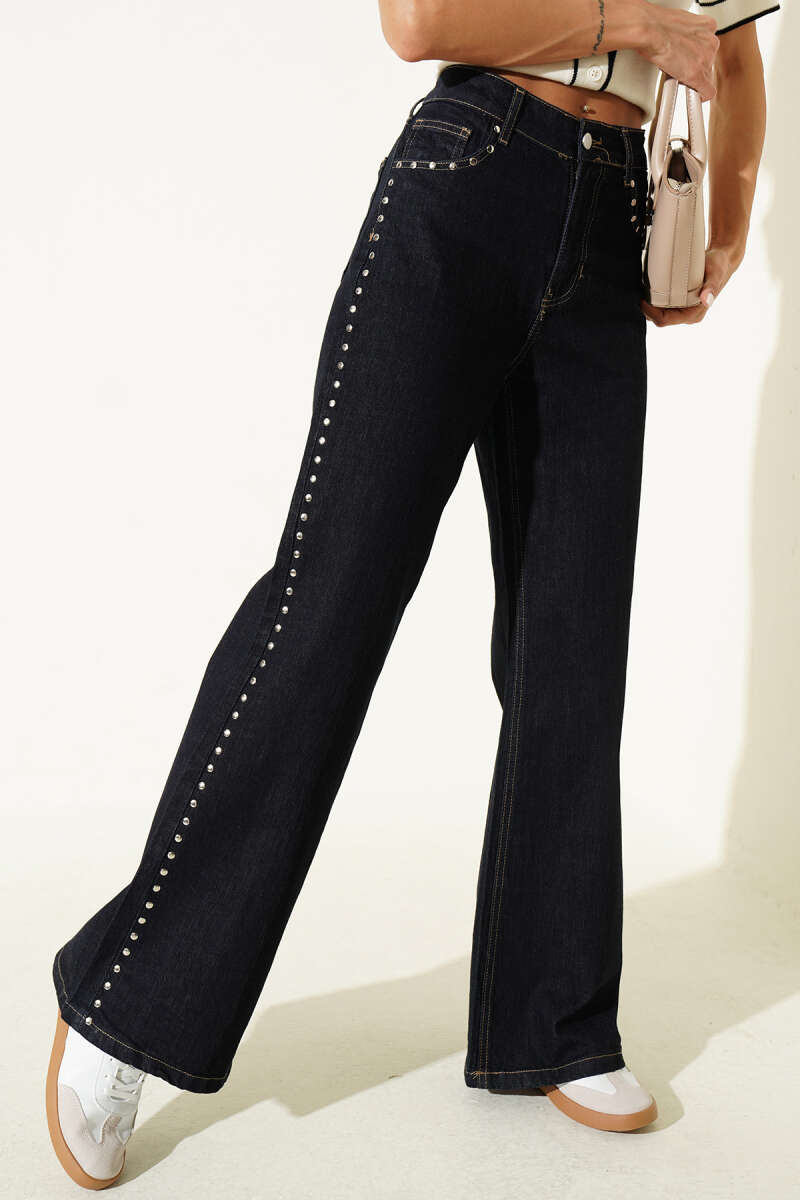 Wide-Leg Jeans with Side Stones - Navy