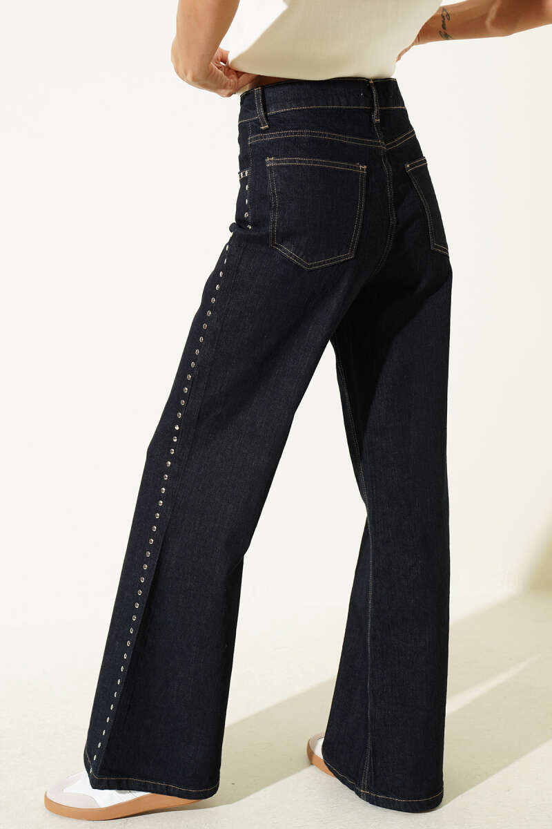 Wide-Leg Jeans with Side Stones - Navy