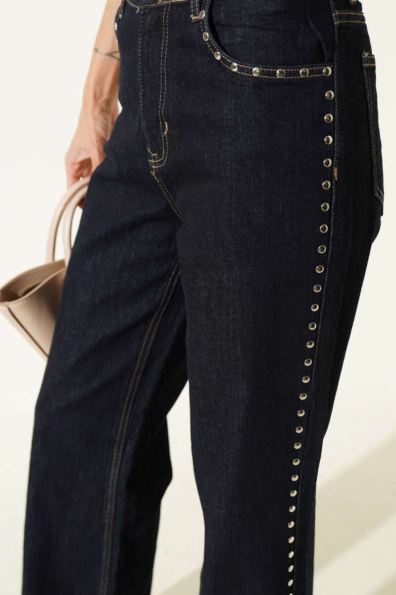 Wide-Leg Jeans with Side Stones - Navy