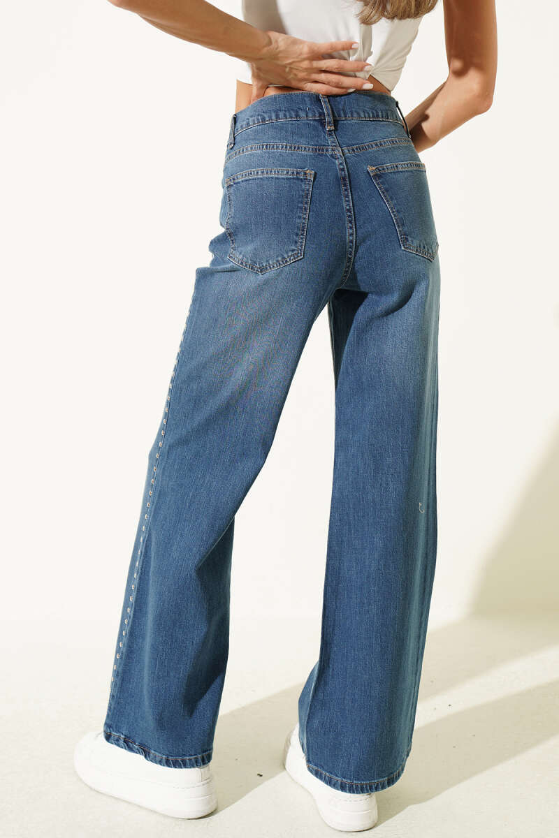 Wide-Leg Jeans with Side Stones - Blue