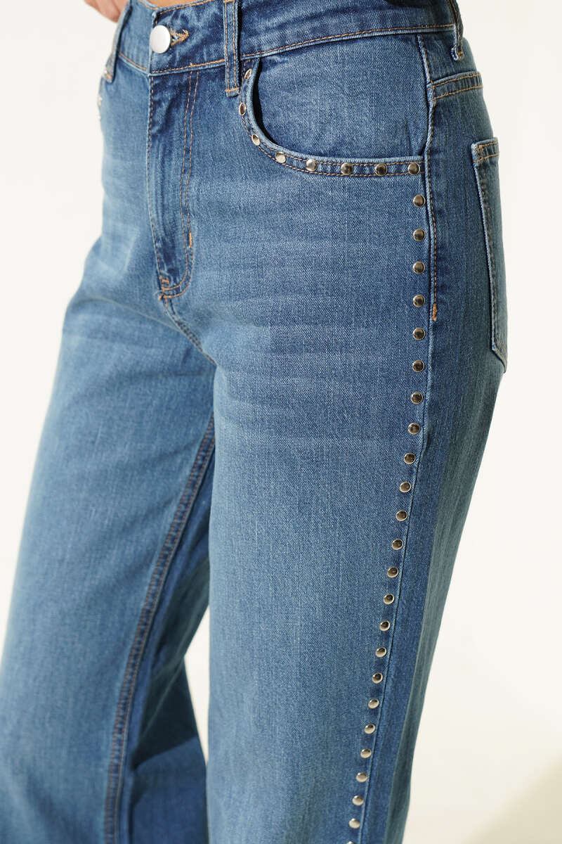 Wide-Leg Jeans with Side Stones - Blue