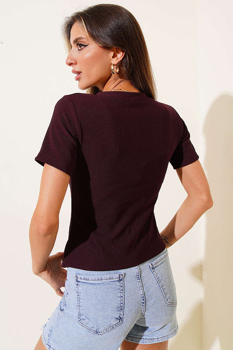 Short-Sleeve Blouse with Side Buckle - Plum