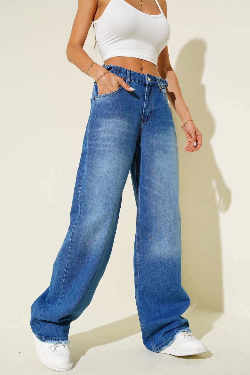 Baggy Jeans with Side Buckles and Frayed Hem - Blue