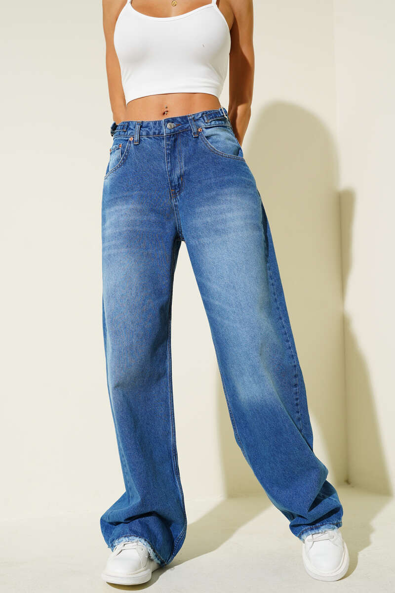 Baggy Jeans with Side Buckles and Frayed Hem - Blue