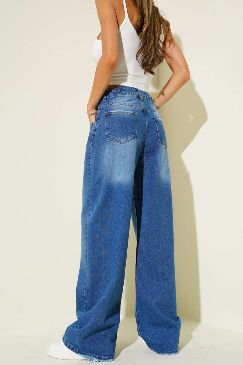 Baggy Jeans with Side Buckles and Frayed Hem - Blue
