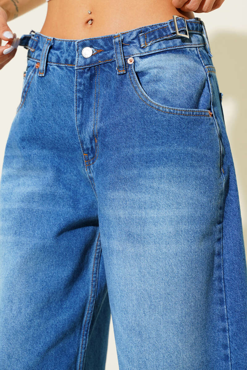 Baggy Jeans with Side Buckles and Frayed Hem - Blue