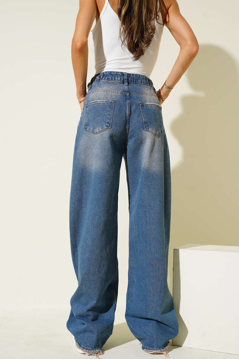 Baggy Jeans with Side Buckles and Frayed Hem - Tinted Wash