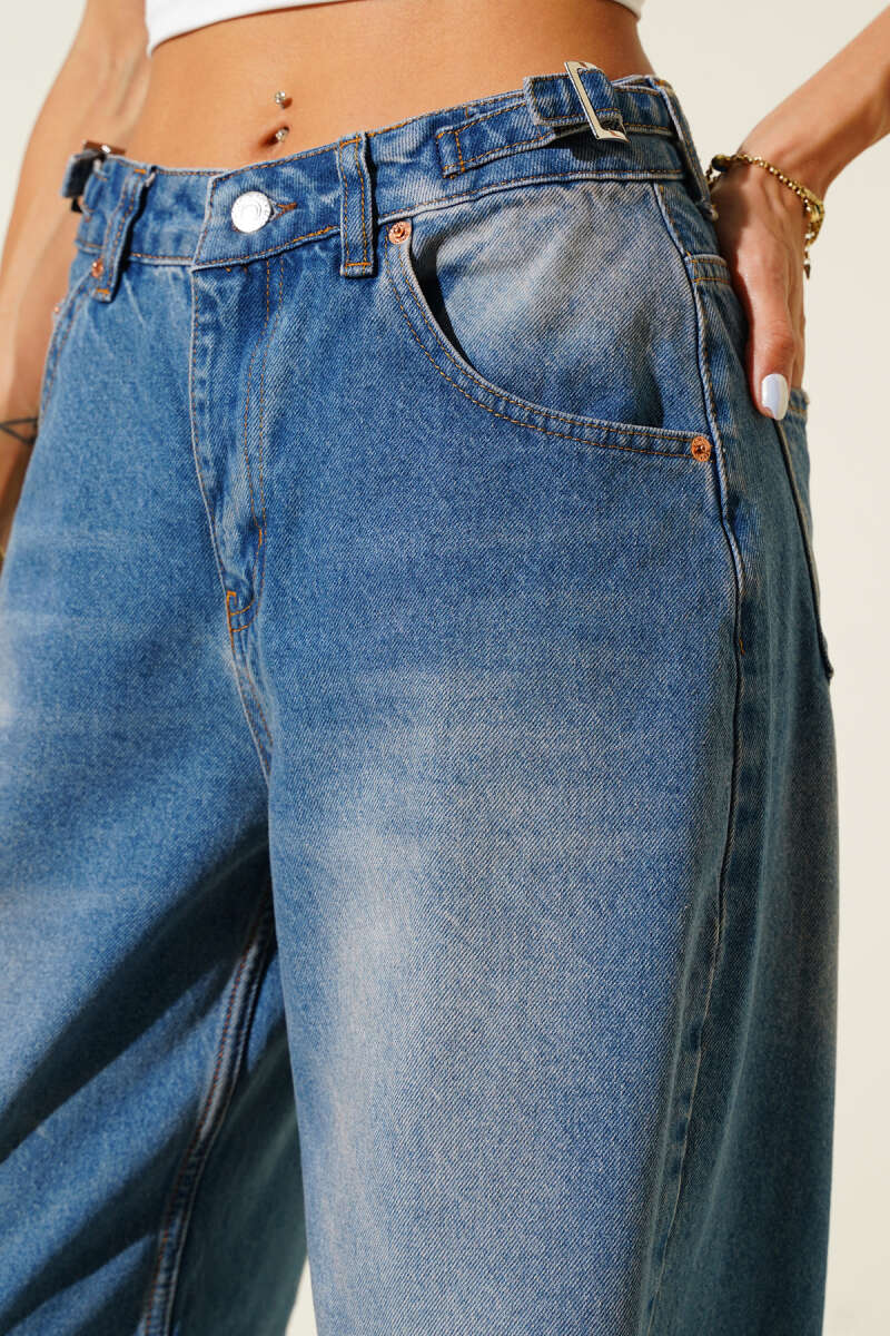 Baggy Jeans with Side Buckles and Frayed Hem - Tinted Wash
