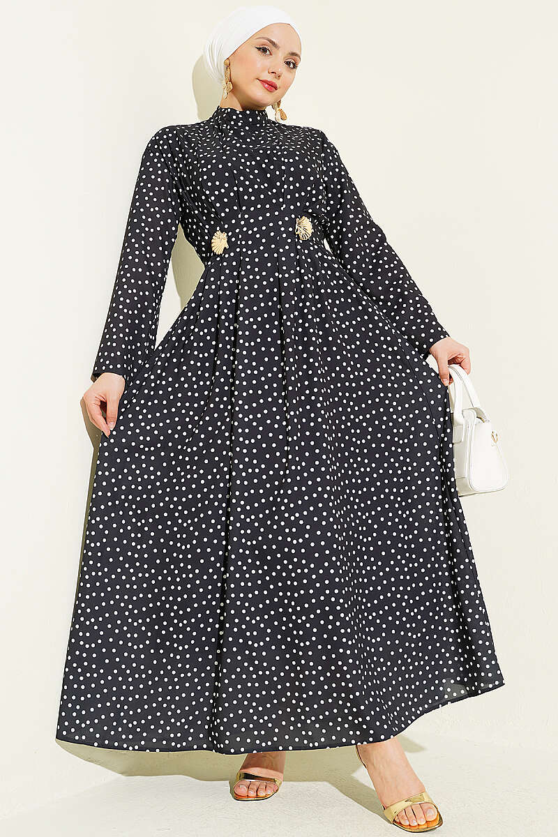 Polka Dot Dress with Side Buckle and Darts - Black