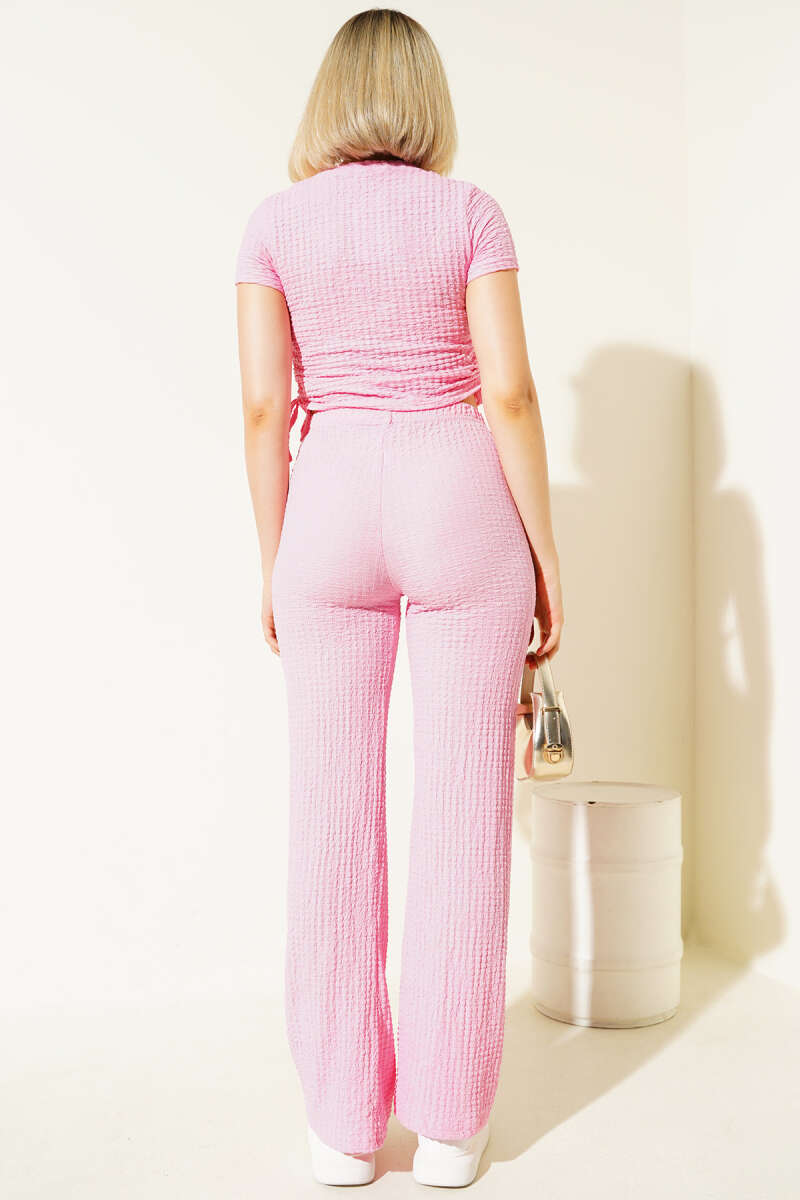 Waffle Crop Two-Piece Set with Side Drawstring - Pink