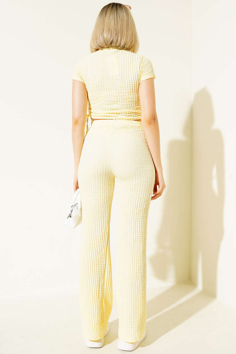 Waffle Crop Two-Piece Set with Side Drawstring - Yellow
