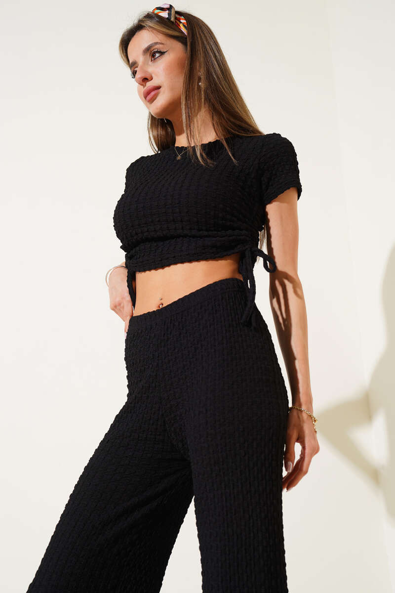 Waffle Crop Two-Piece Set with Side Drawstring - Black