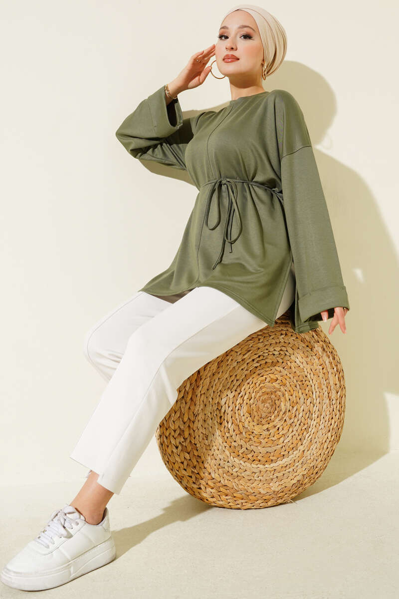 Double-Sleeve Tunic with Side Slits - Khaki