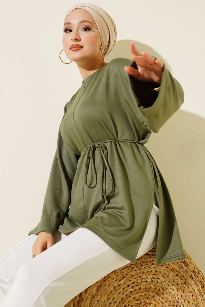 Double-Sleeve Tunic with Side Slits - Khaki