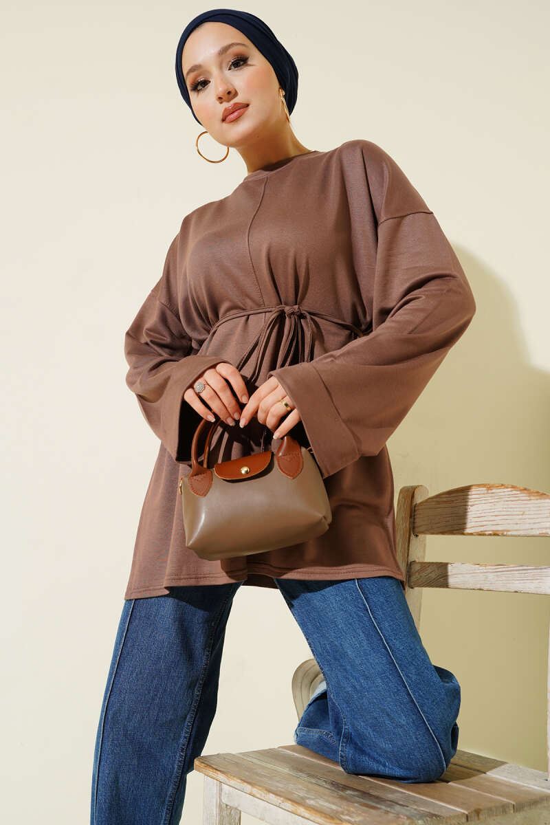 Double-Sleeve Tunic with Side Slits - Chestnut