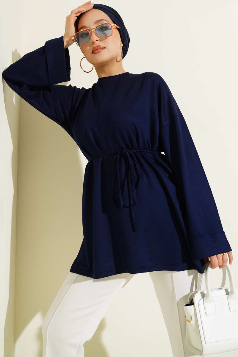 Double-Sleeve Tunic with Side Slits - Navy