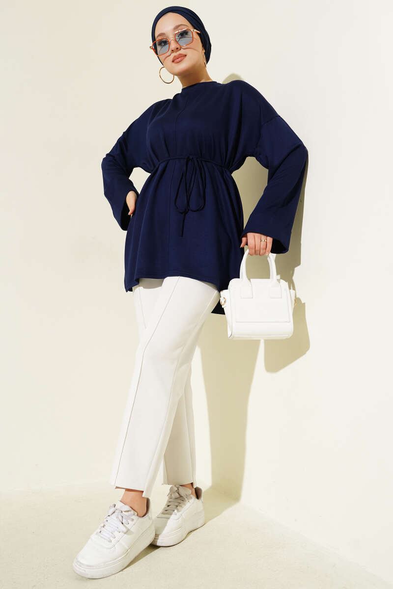 Double-Sleeve Tunic with Side Slits - Navy