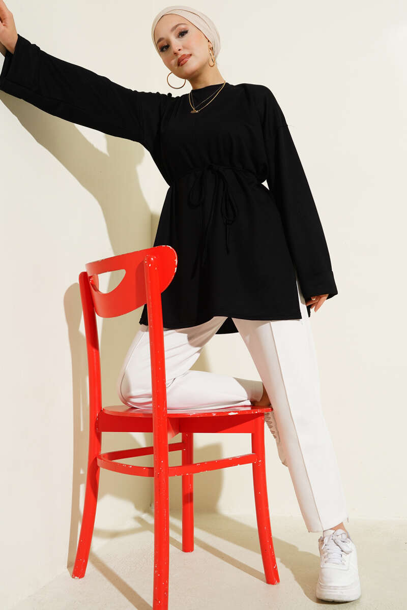 Double-Sleeve Tunic with Side Slits - Black