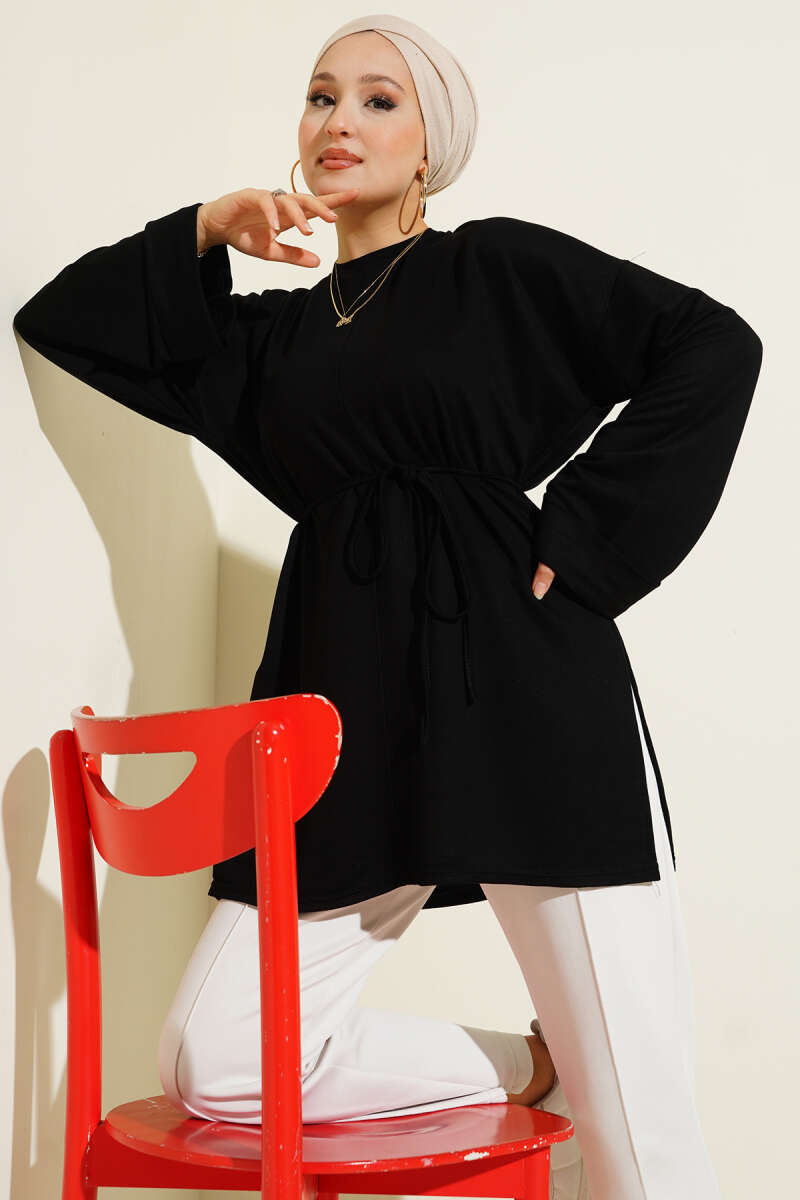 Double-Sleeve Tunic with Side Slits - Black