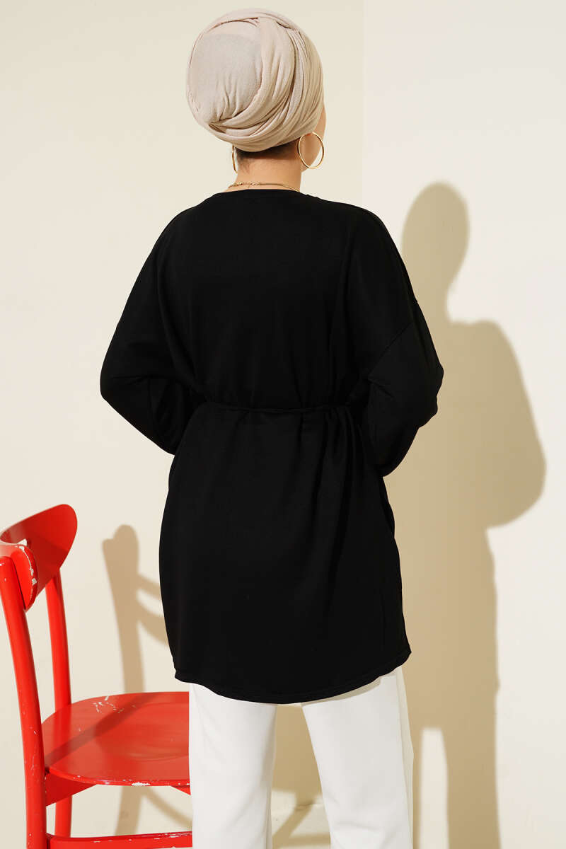 Double-Sleeve Tunic with Side Slits - Black