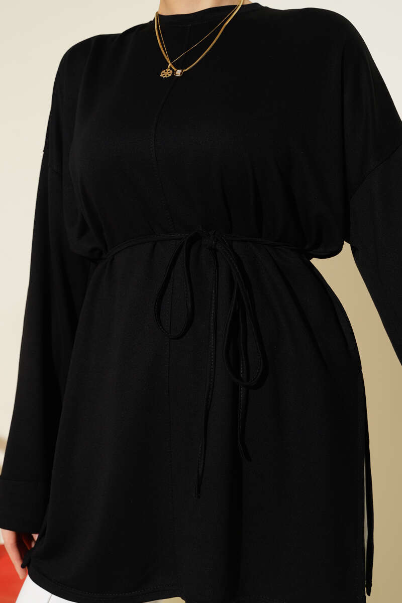 Double-Sleeve Tunic with Side Slits - Black
