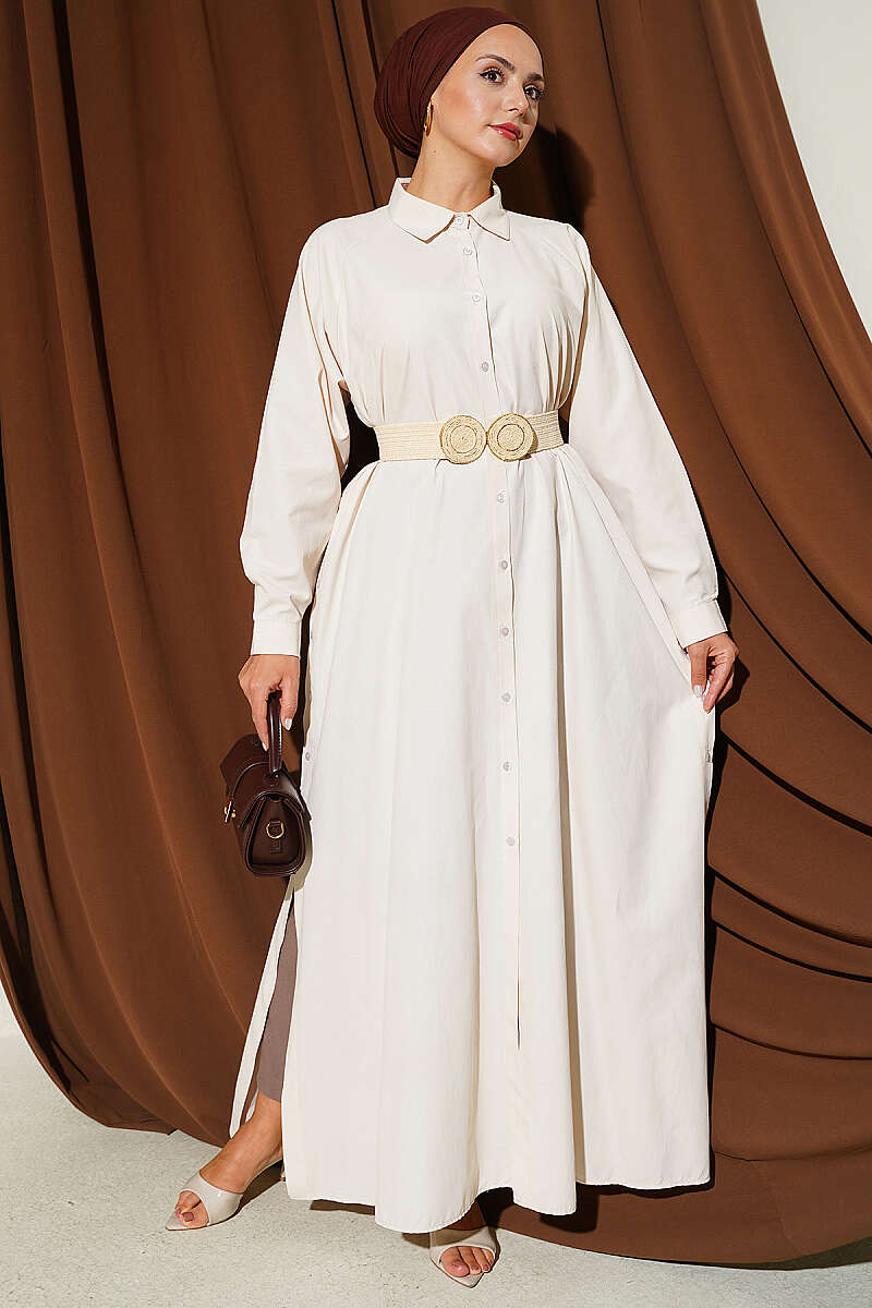 Long Button Shirt with Side Slits - Beige