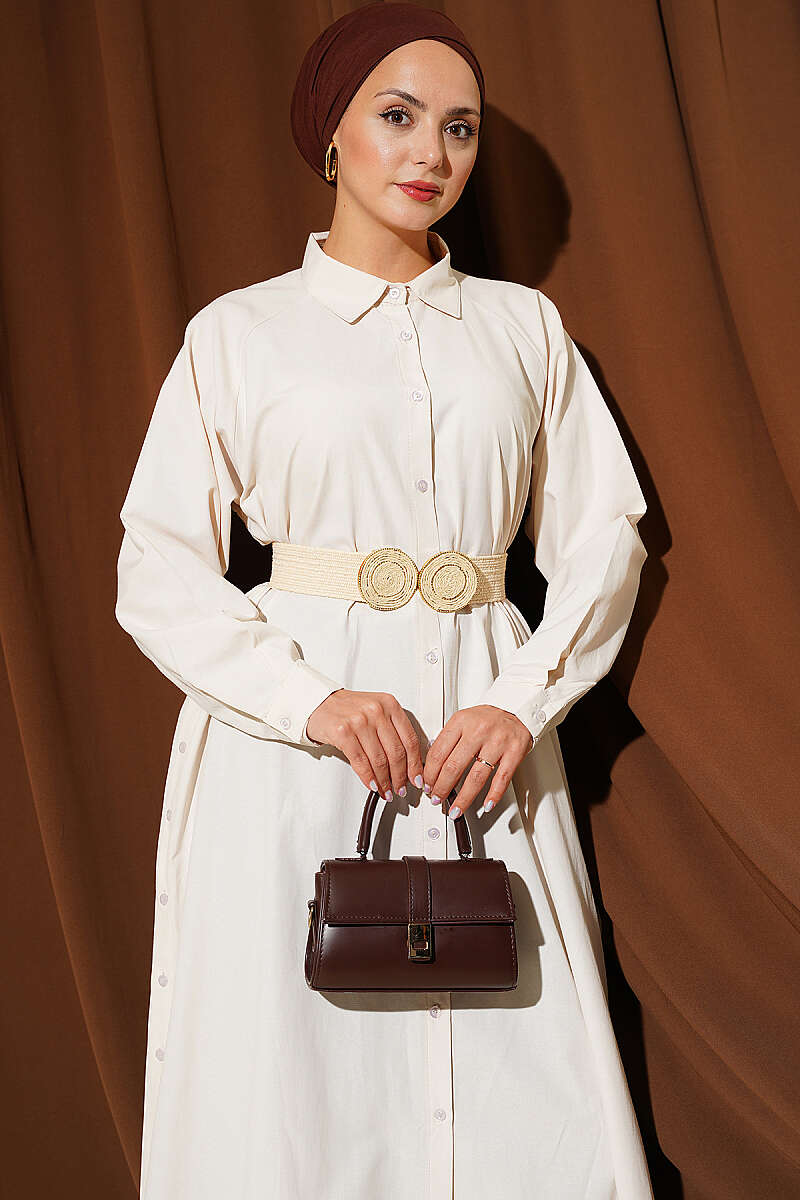 Long Button Shirt with Side Slits - Beige