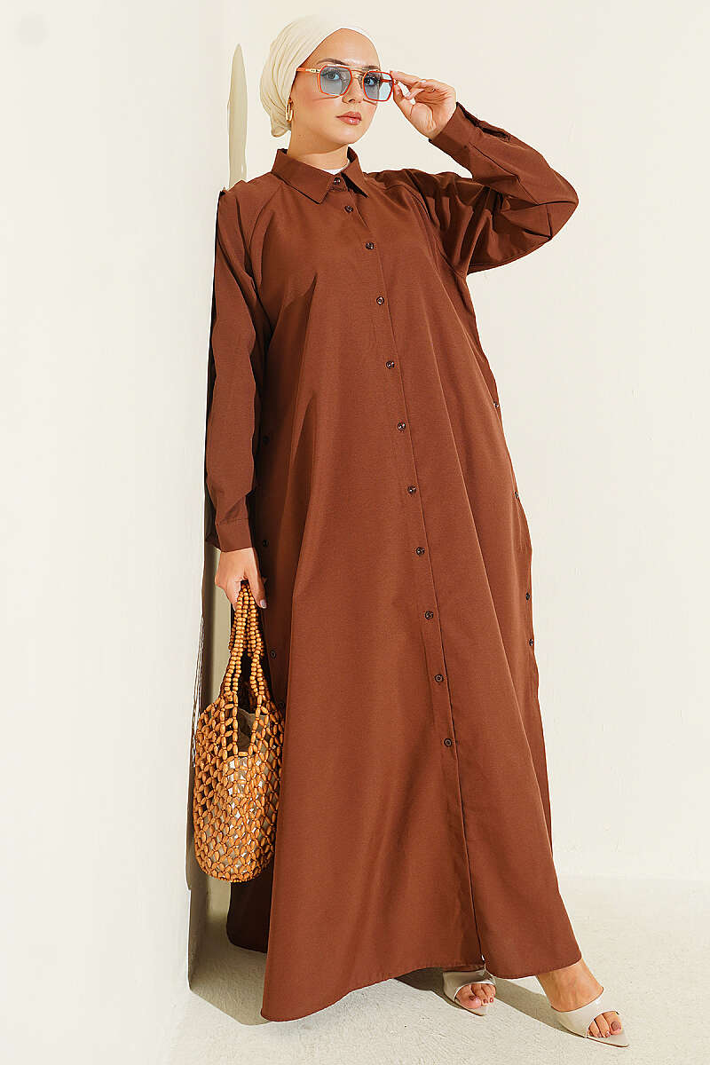 Long Button Shirt with Side Slits - Brown