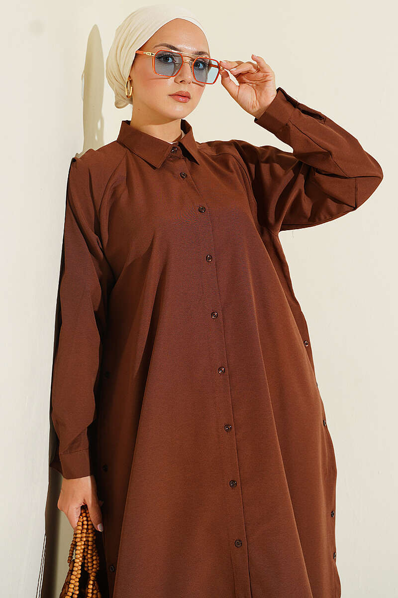 Long Button Shirt with Side Slits - Brown