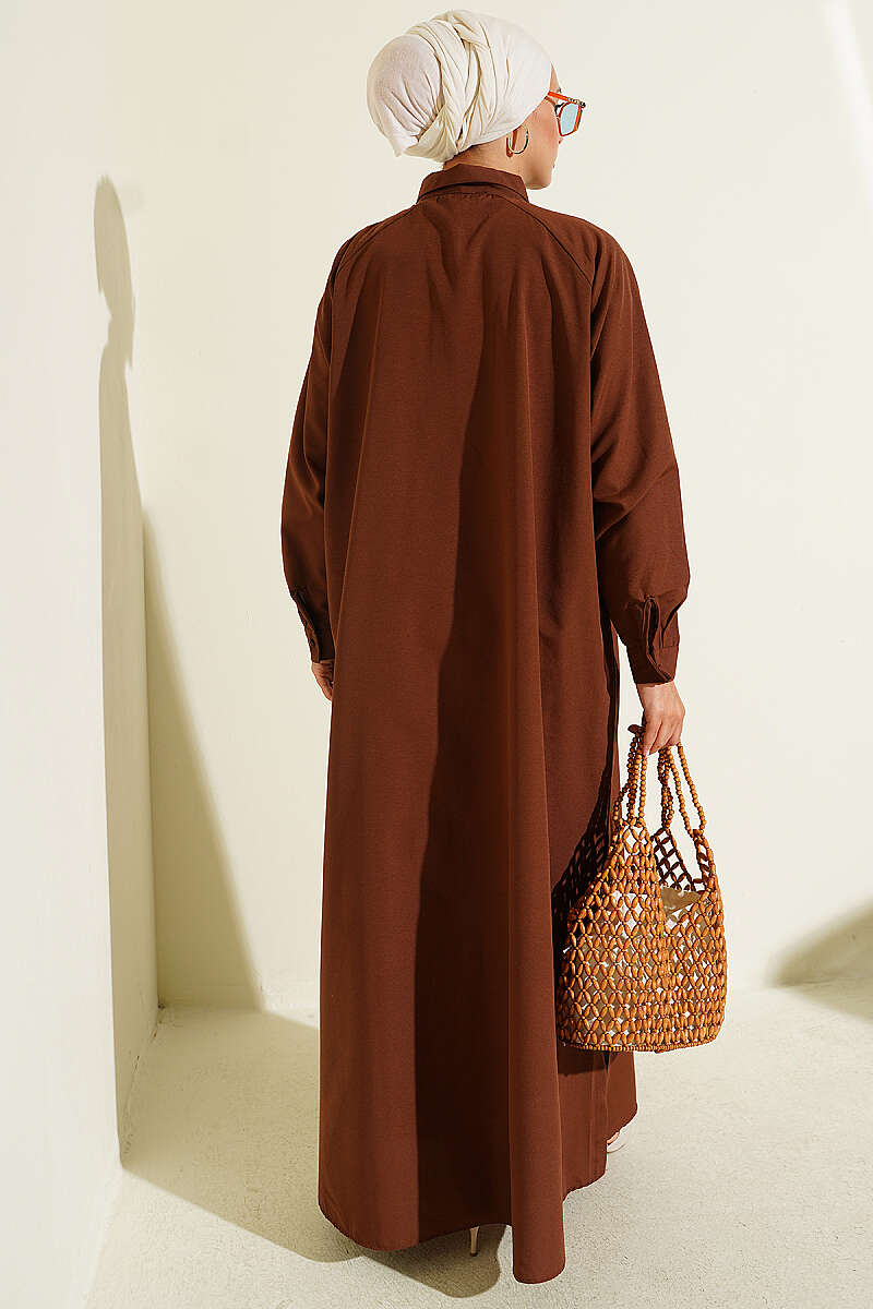 Long Button Shirt with Side Slits - Brown