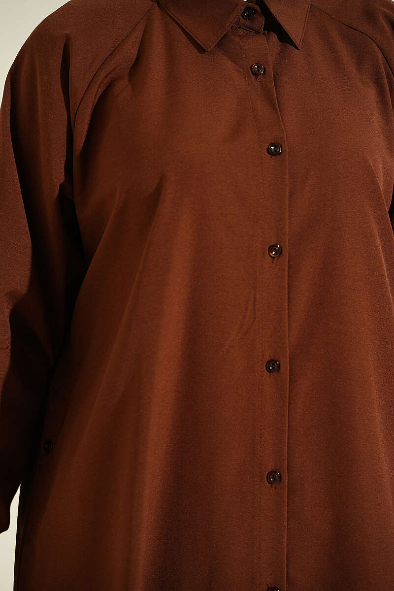 Long Button Shirt with Side Slits - Brown