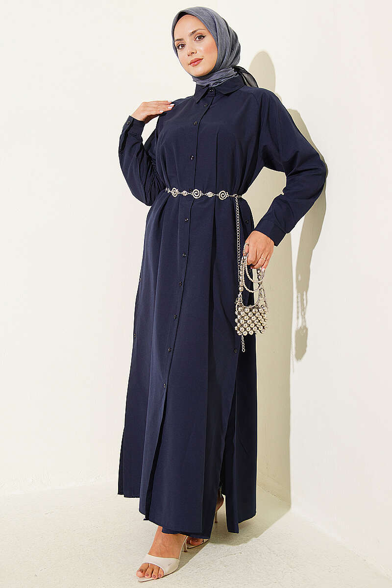 Long Button Shirt with Side Slits - Navy