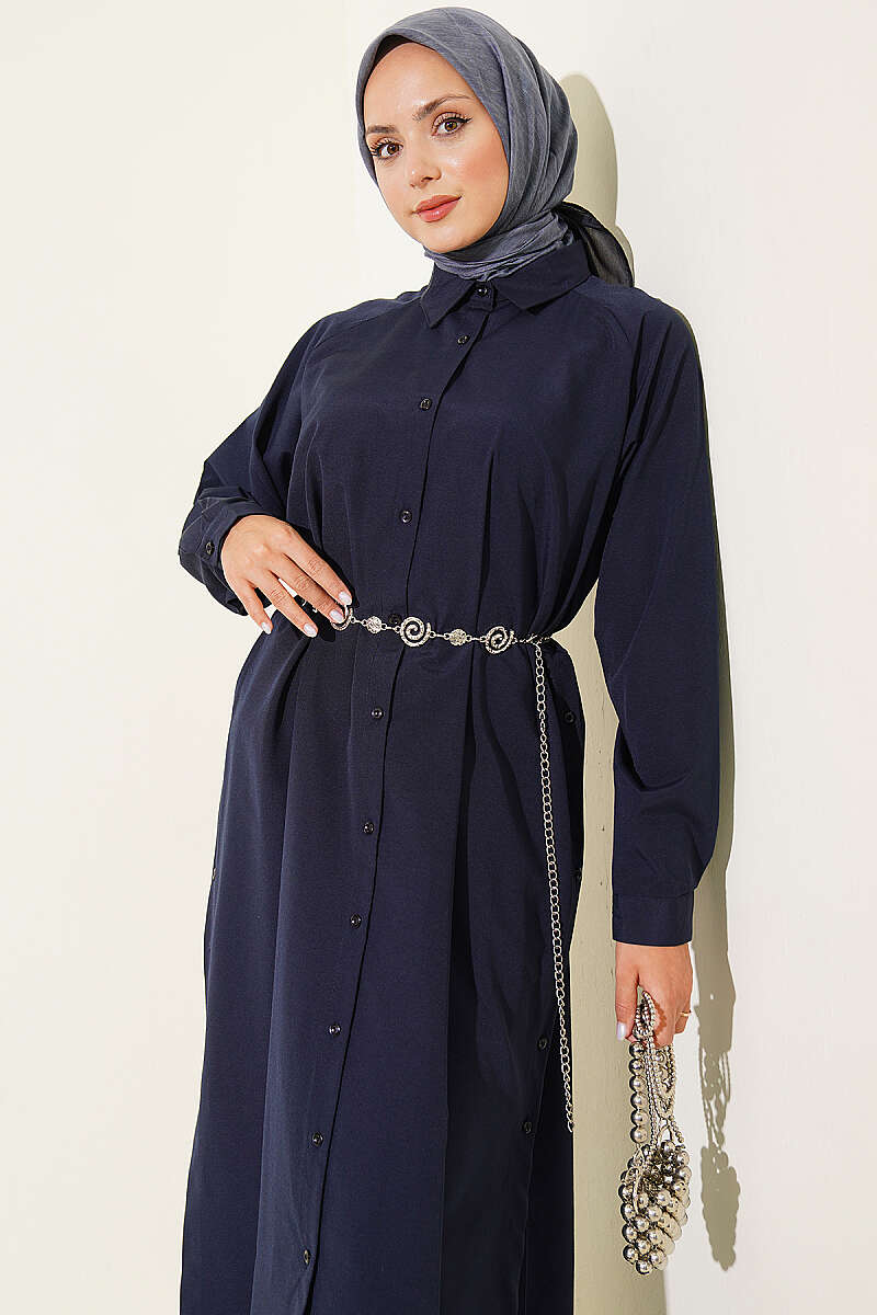 Long Button Shirt with Side Slits - Navy