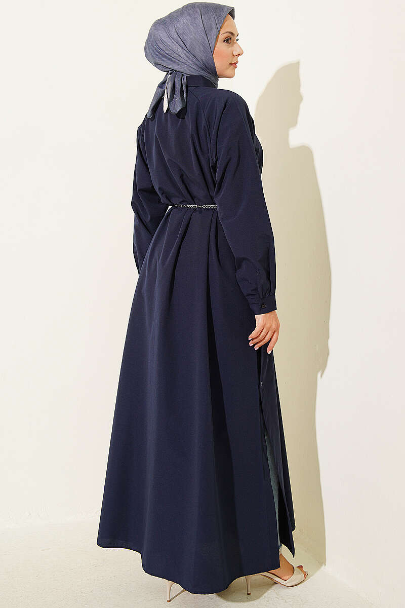 Long Button Shirt with Side Slits - Navy