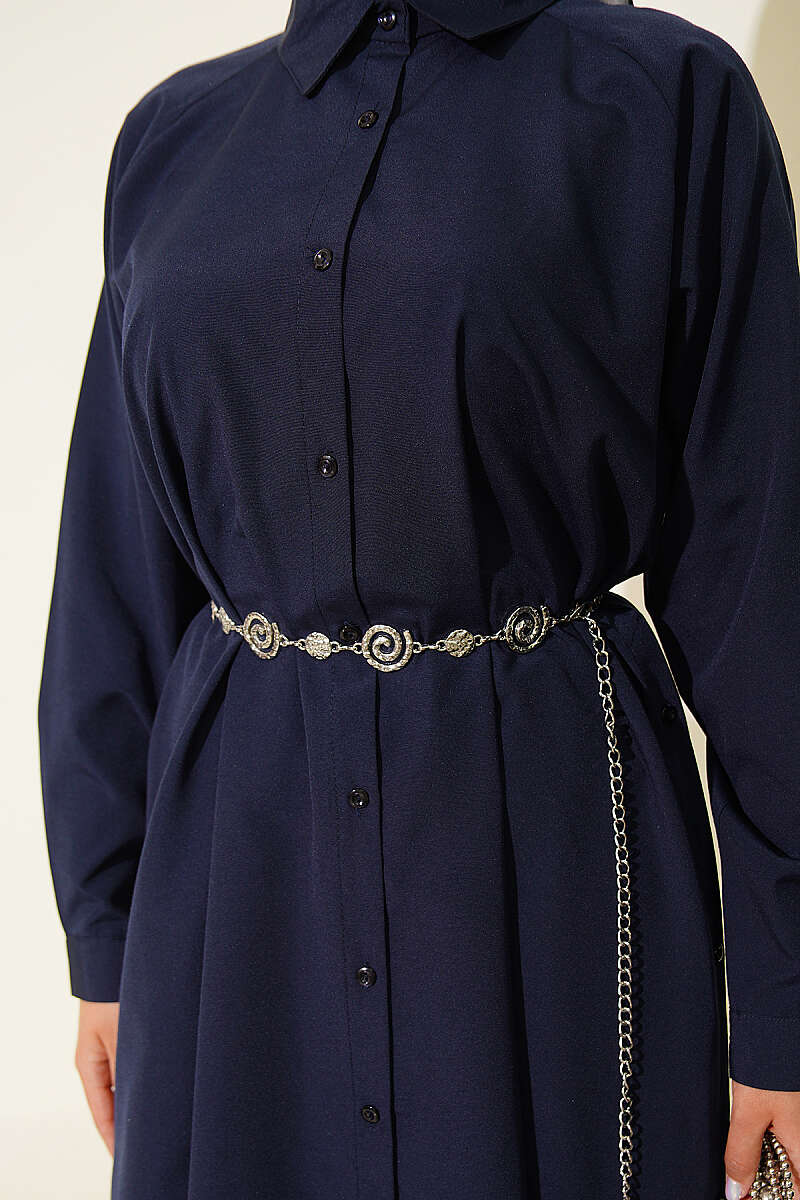 Long Button Shirt with Side Slits - Navy