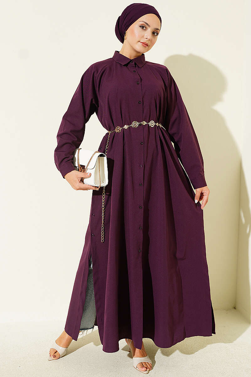Long Button Shirt with Side Slits - Plum