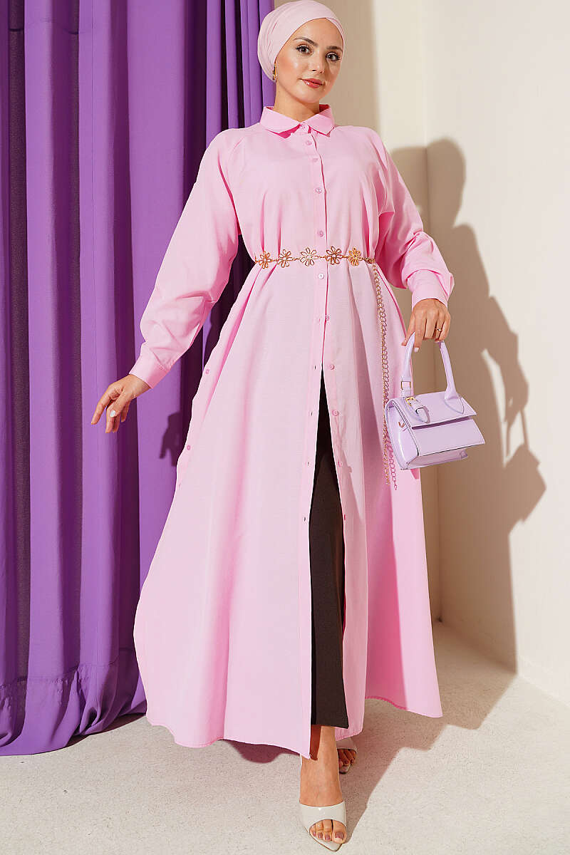 Long Button Shirt with Side Slits - Pink