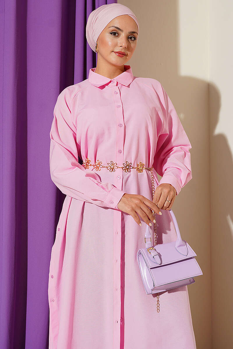 Long Button Shirt with Side Slits - Pink